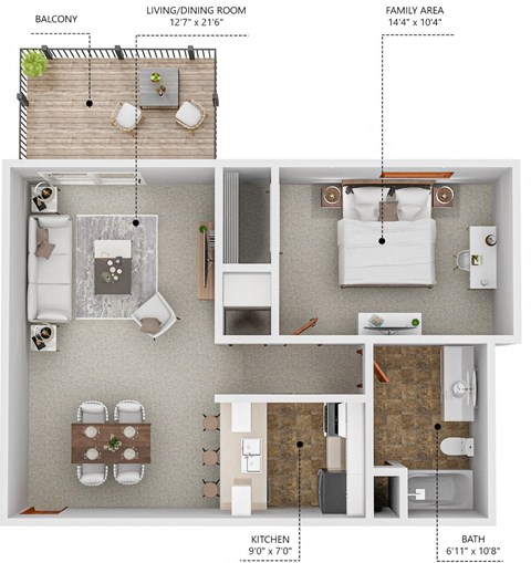 A floor plan of a small apartment with a living room, kitchen, bathroom, and balcony.
